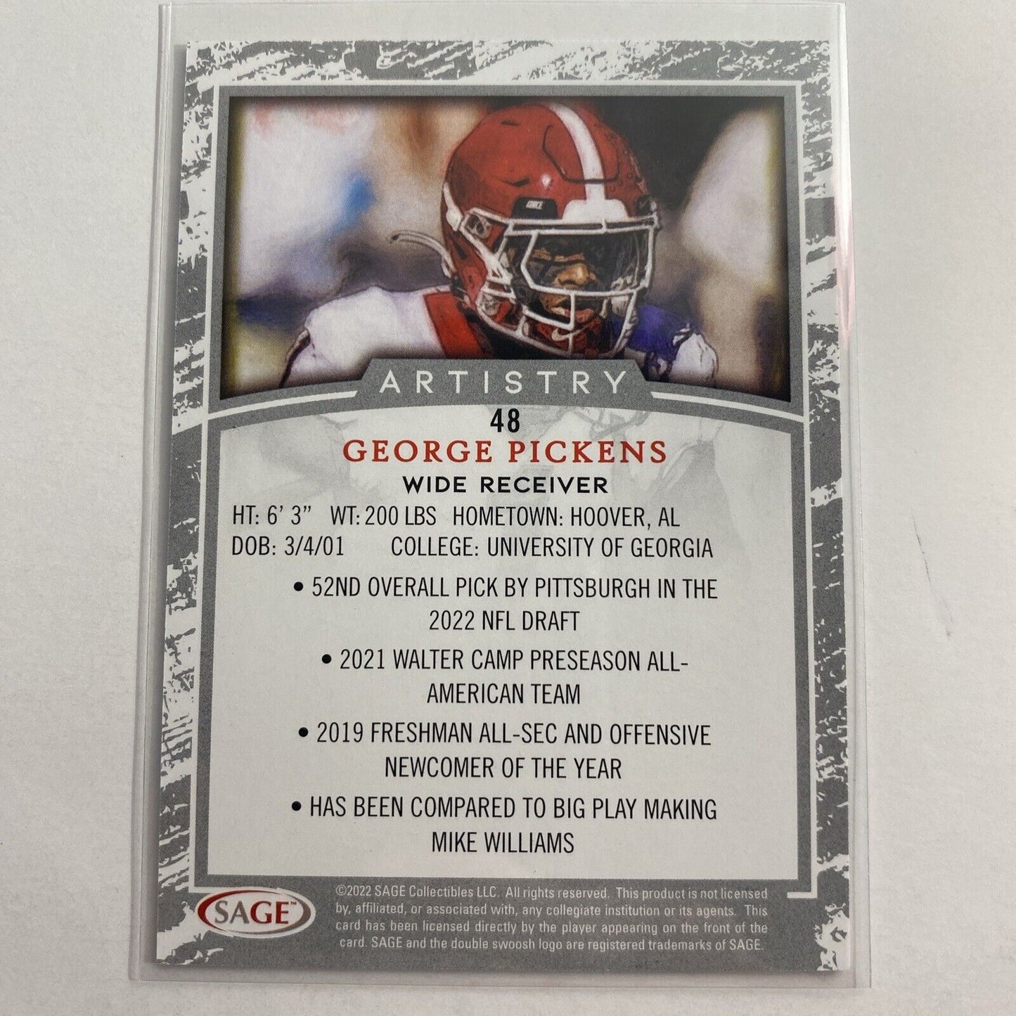 George Pickens 2022 Sage Artistry Silver 48 Georgia Bulldogs Pittsburgh Steelers