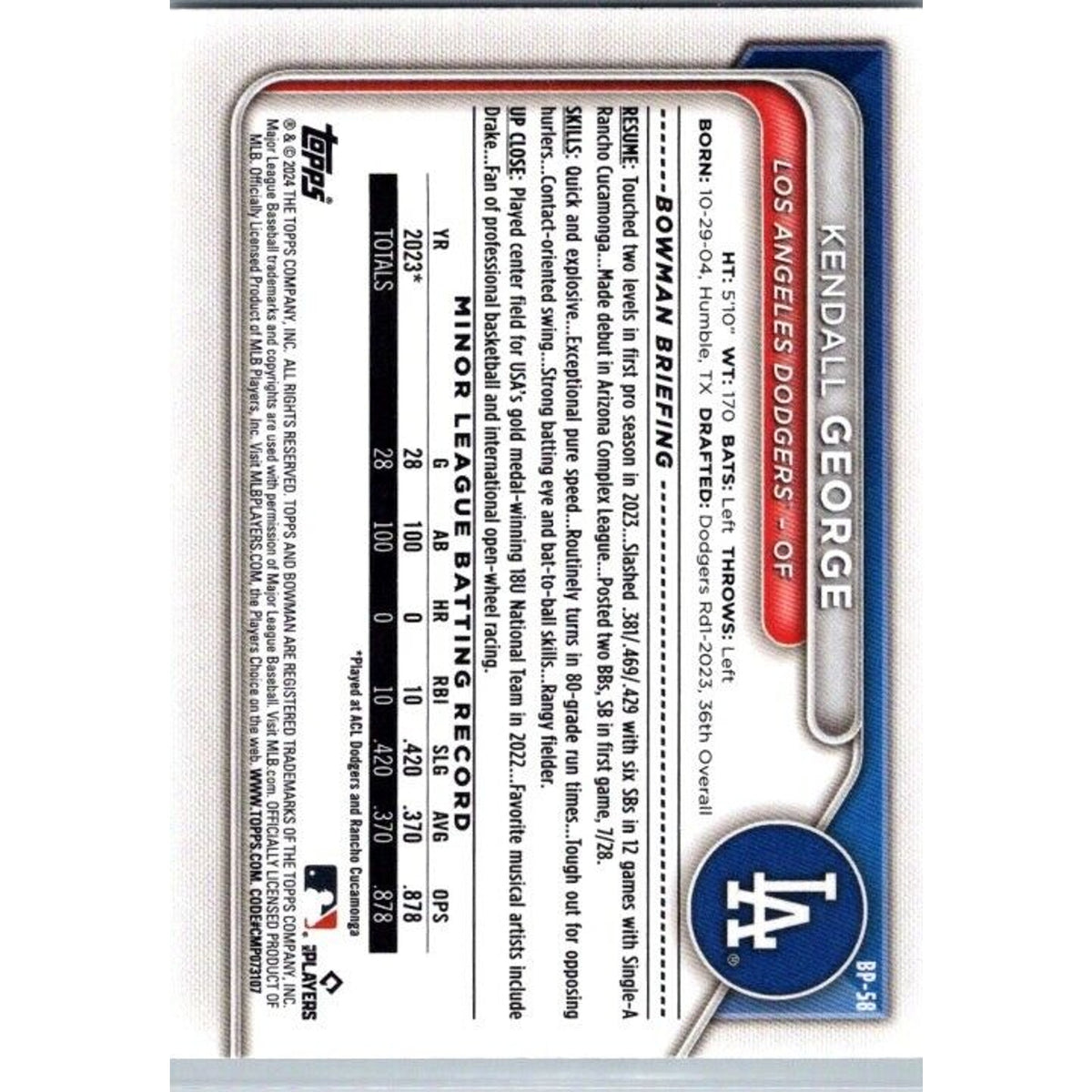 2024 Bowman Prospects #BP-58 Kendall George Los Angeles Dodgers