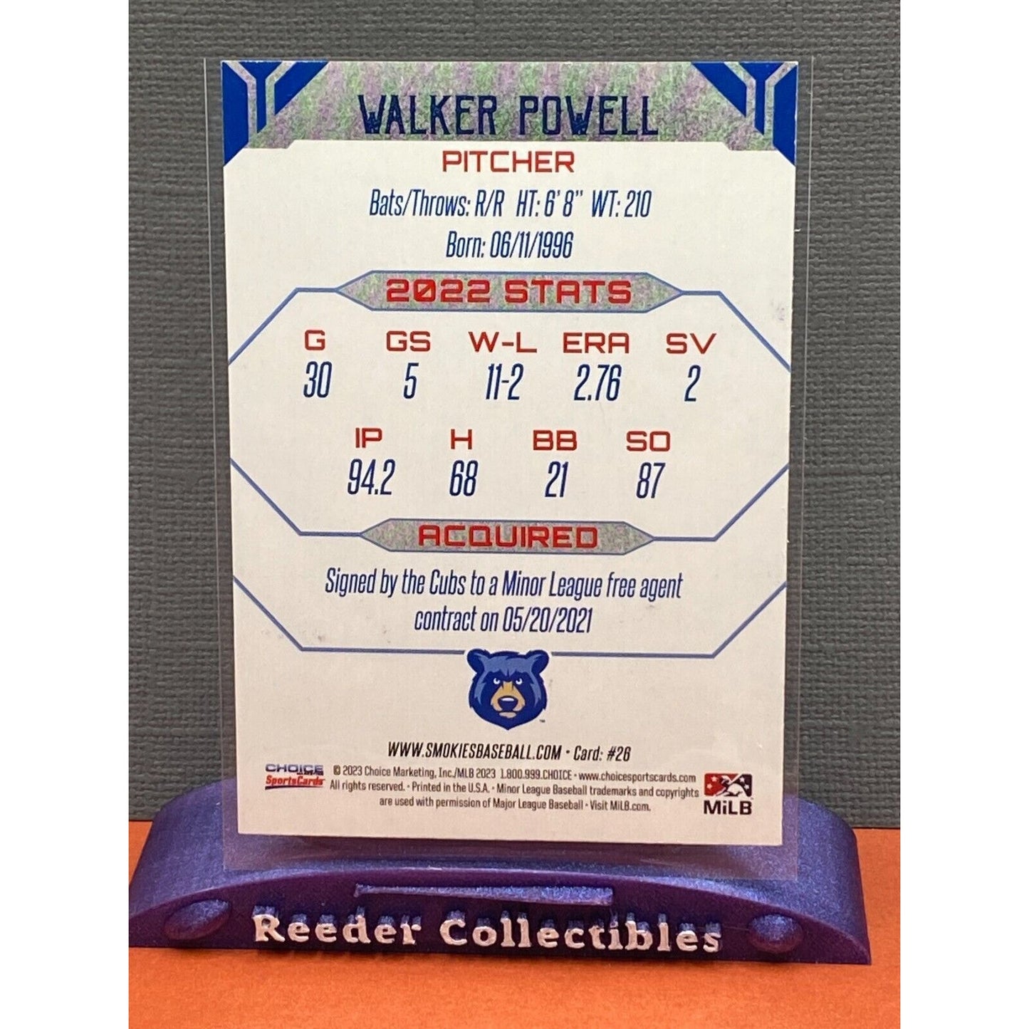 Walker Powell 2023 Grandstand #26 Tennessee Smokies Auto IP Hard Signed