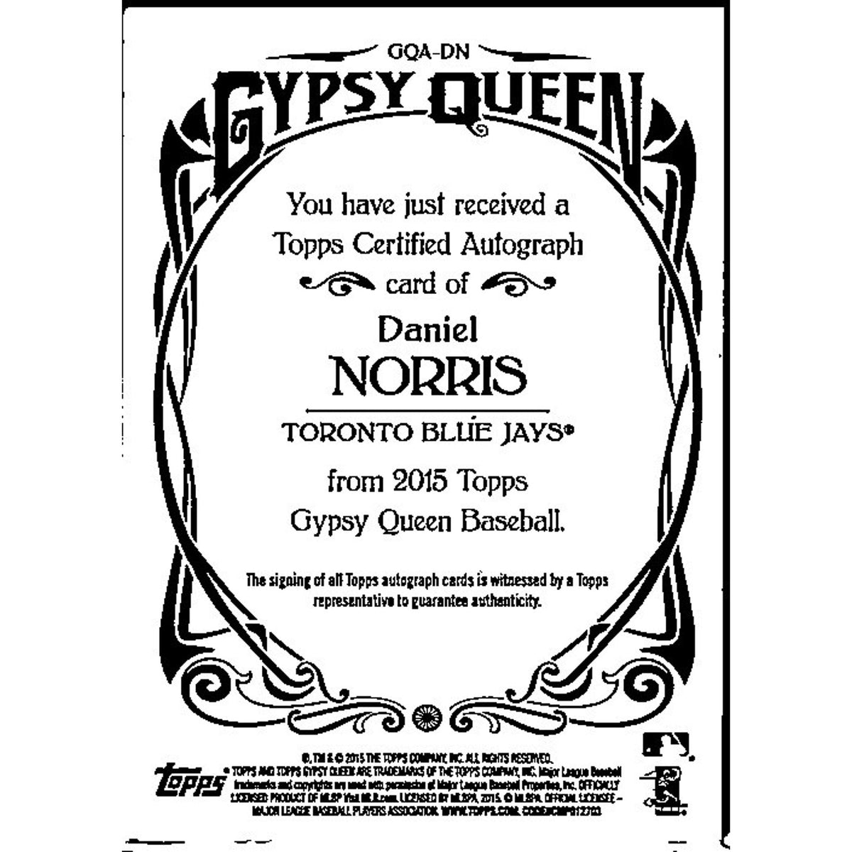Daniel Norris 2015 Topps Gypsy Queen #GQA-DN Auto Toronto Blue Jays AU Auto
