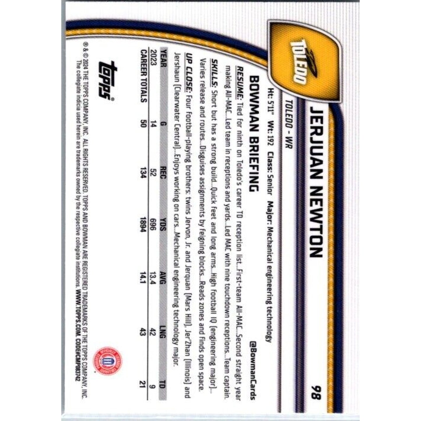 2024 Bowman University Chrome #98 Jerjuan Newton Toledo Rockets