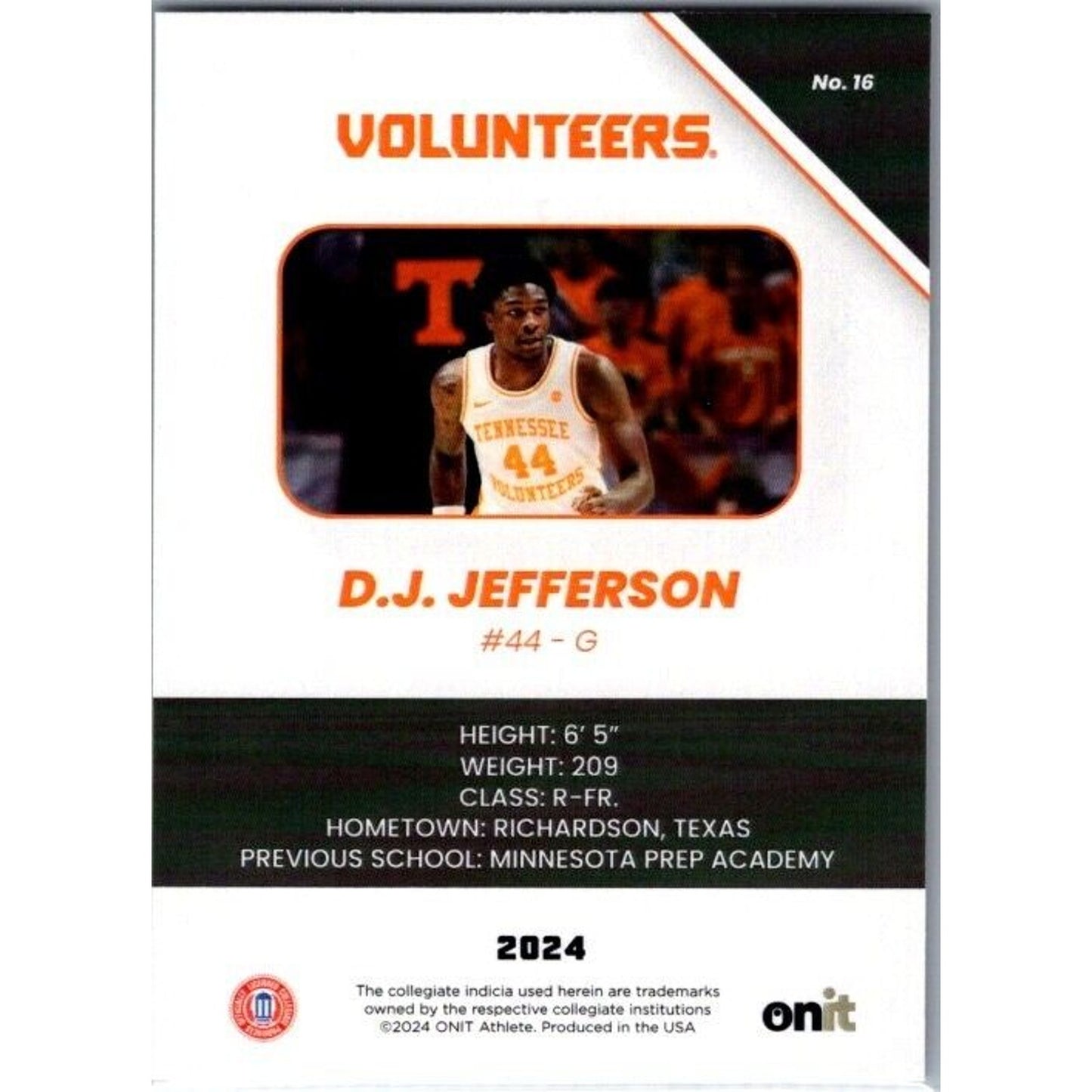 23-24 Onit #16 D.J. Jefferson Tennessee Volunteers Black Parallel
