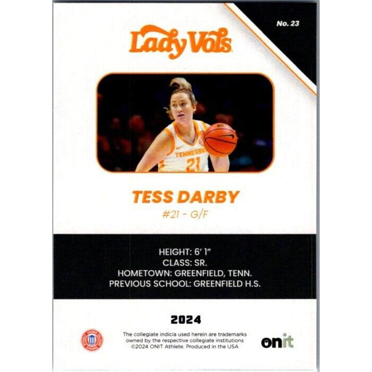 23-24 Onit #23 Tess Darby Tennessee Volunteers Lady Vols Black Parallel