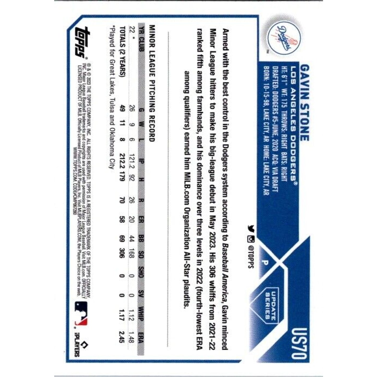 2023 Topps Update #US70 Gavin Stone Los Angeles Dodgers Rookie