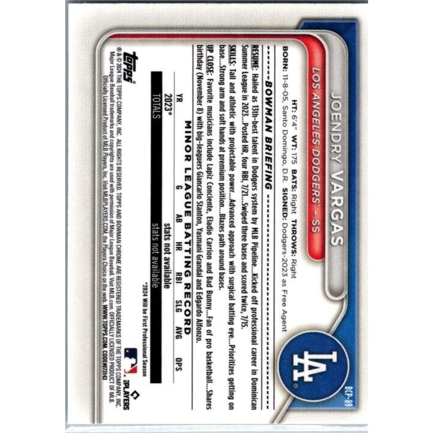 2024 Bowman Chrome Prospects #BCP-89 Joendry Vargas Los Angeles Dodgers