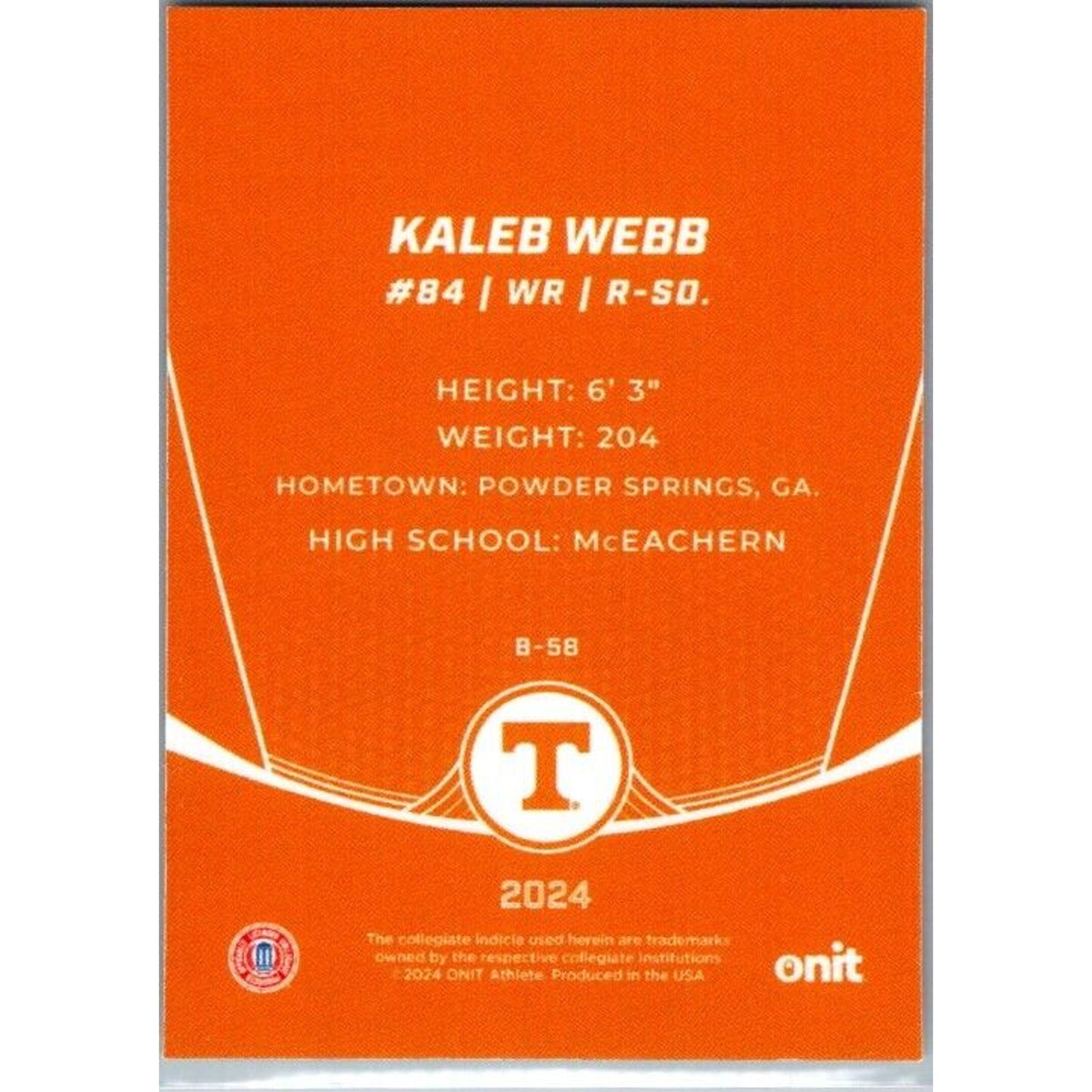 2024 Onit Football #B-58 Kaleb Webb Tennessee Volunteers