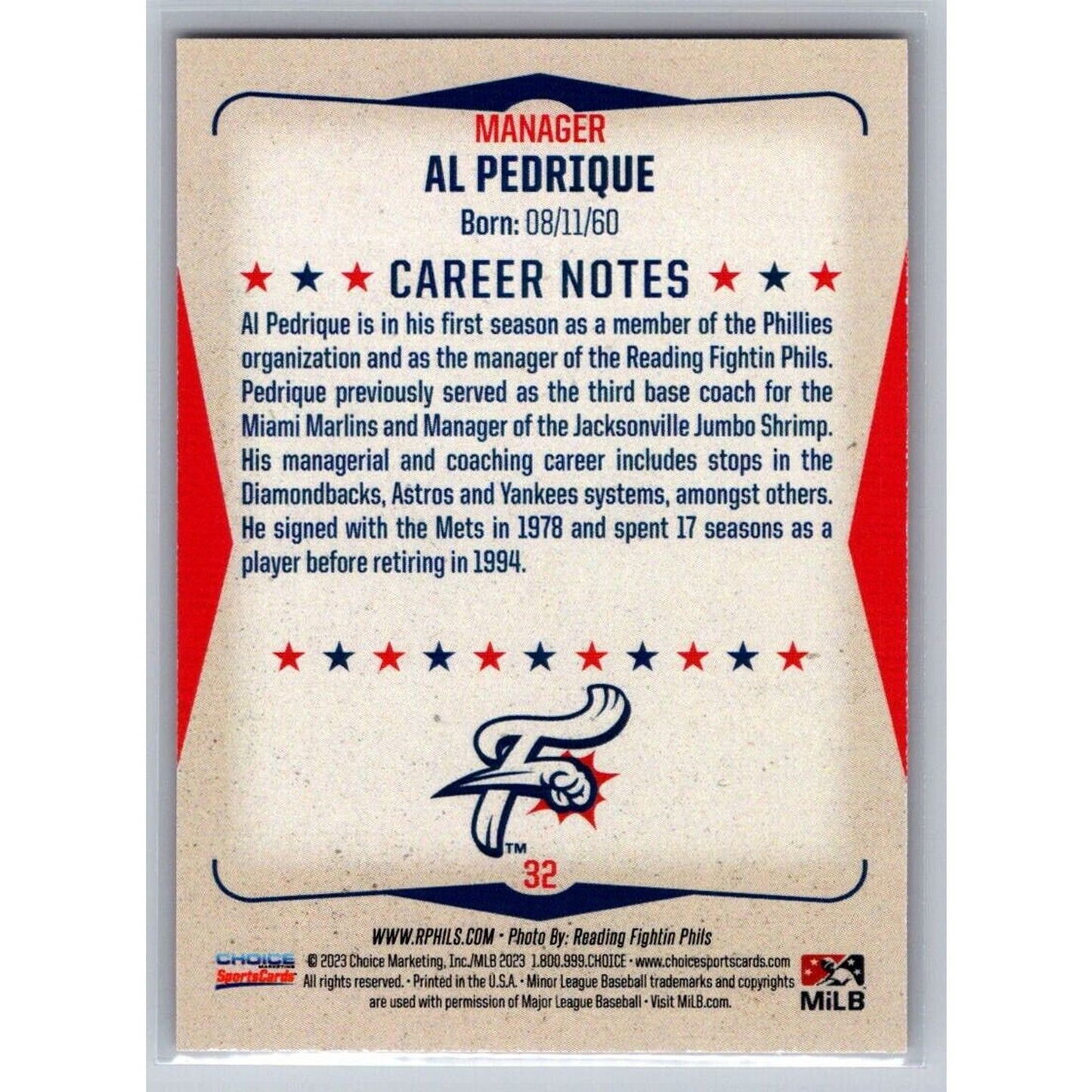 2023 Choice Reading Fightin Phils Update #32 Al Pedrique