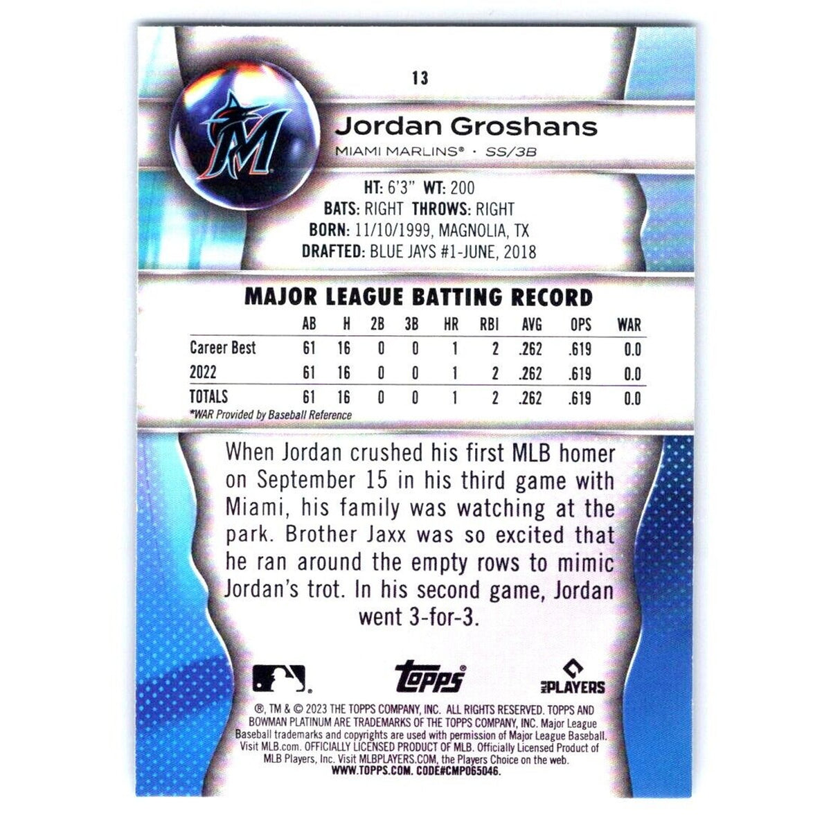 2023 Bowman Platinum #13 Jordan Groshans