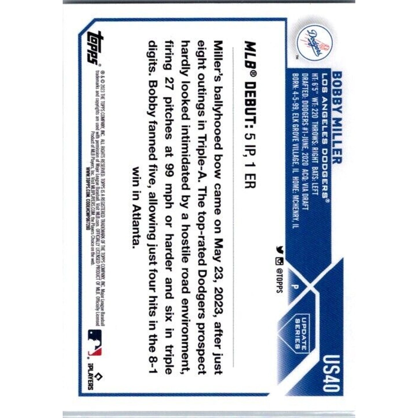2023 Topps Update #US40 Bobby Miller Los Angeles Dodgers Rookie