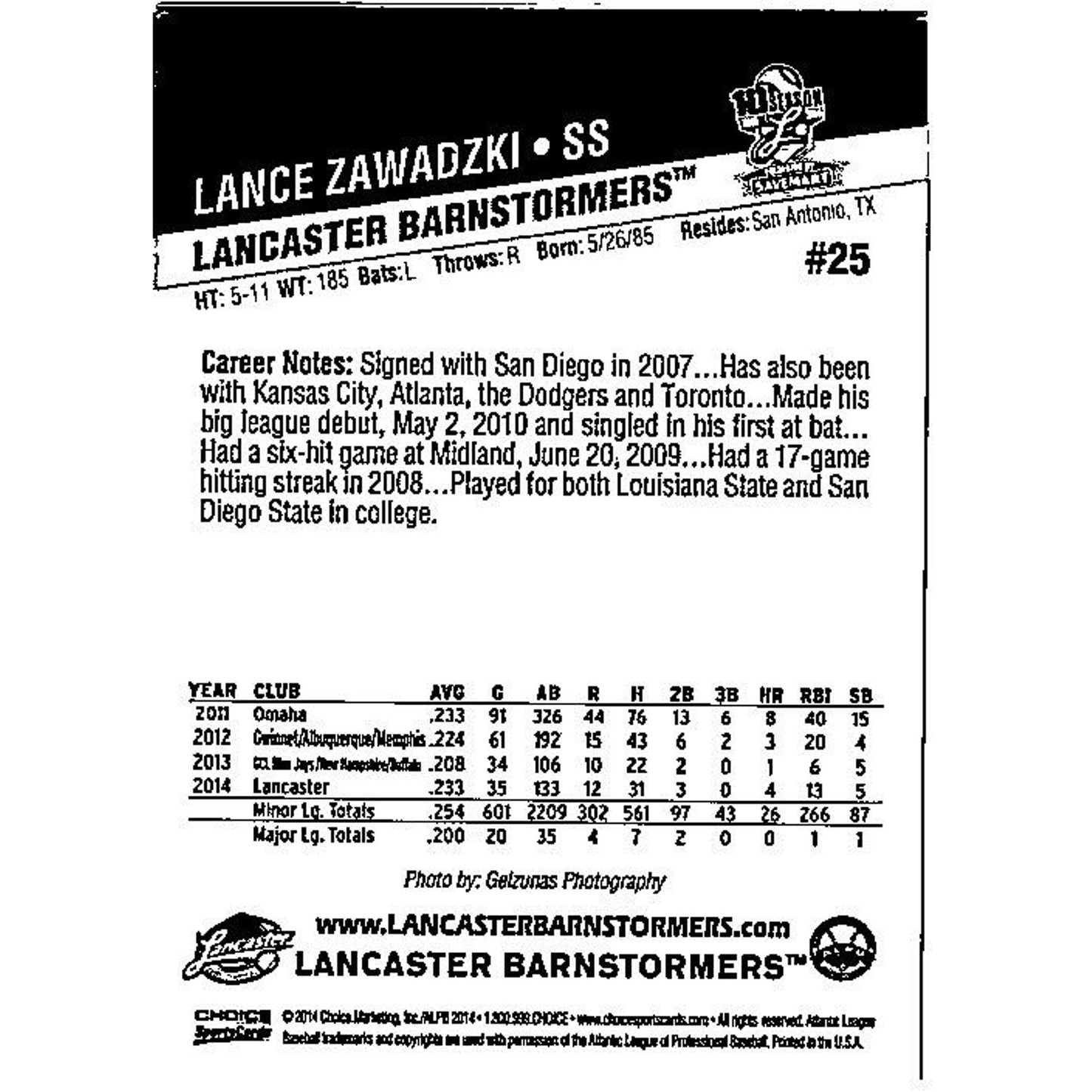 Lance Zawadzki 2014 Choice #25 Lancaster Barnstormers Baseball Club
