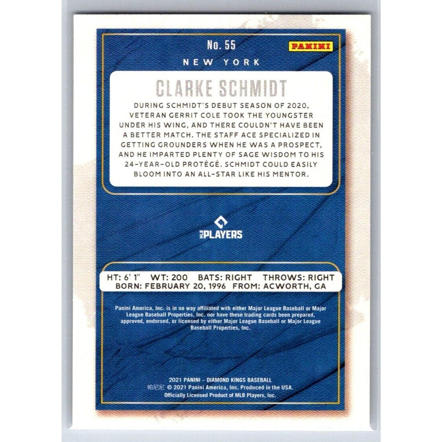 2021 Panini Diamond Kings #55 Clarke Schmidt Artist Proof Blue Rookie
