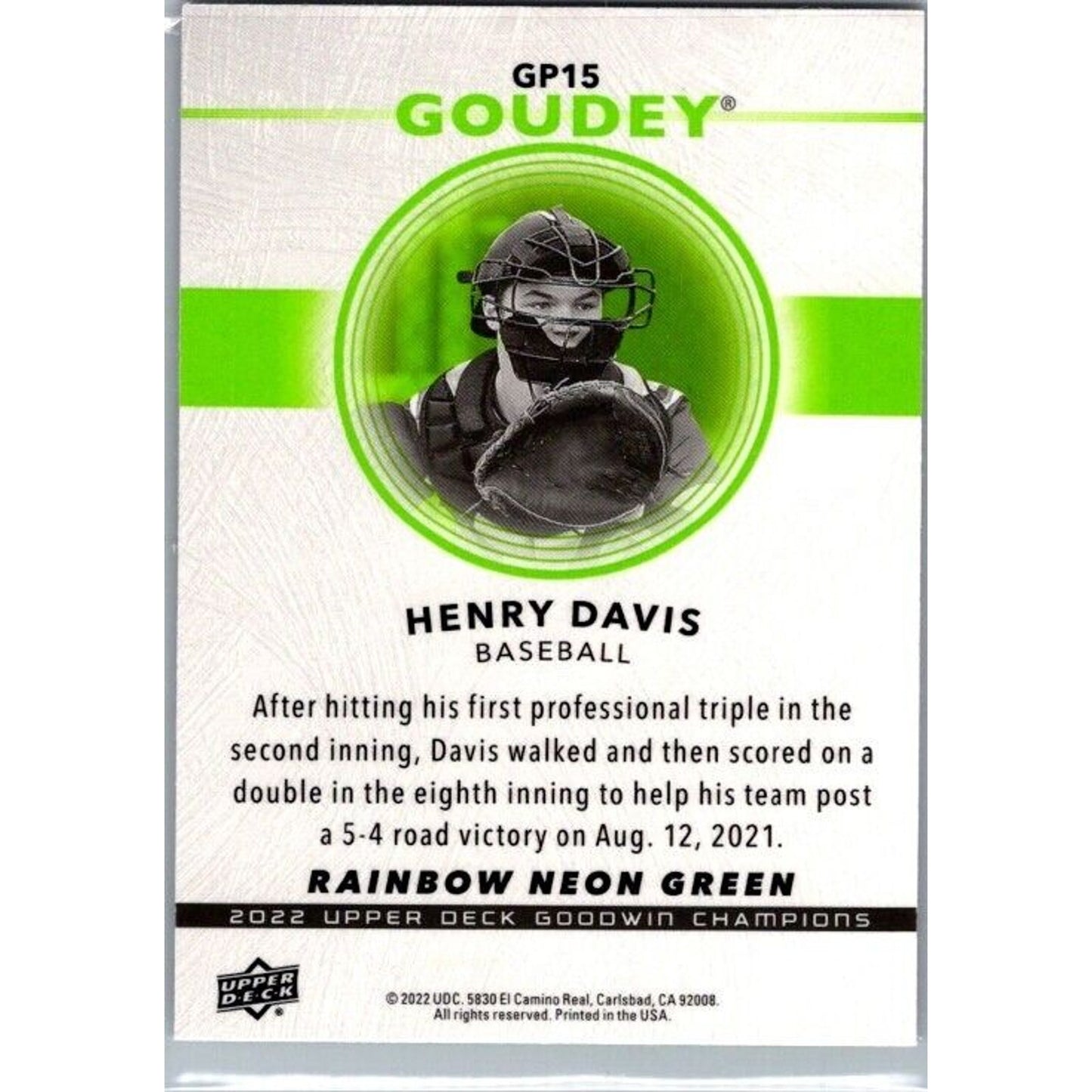 Henry Davis #GP15 Baseball Goudey Rainbow Neon Green 2022 UD Goodwin Champions