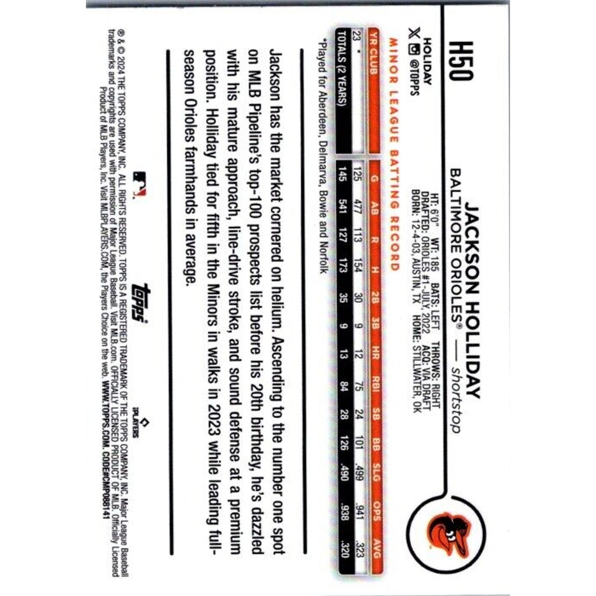 2024 Topps Holiday #H50 Jackson Holliday Baltimore Orioles Rookie RC