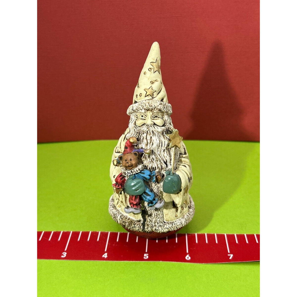Starry Resin Wizard Santa with Star Wand and Jester Bear Doll, Cream & Gold, 5"