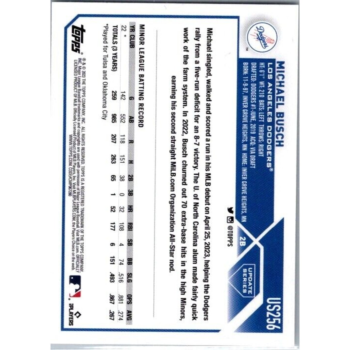 2023 Topps Update #US256 Michael Busch Los Angeles Dodgers Rookie