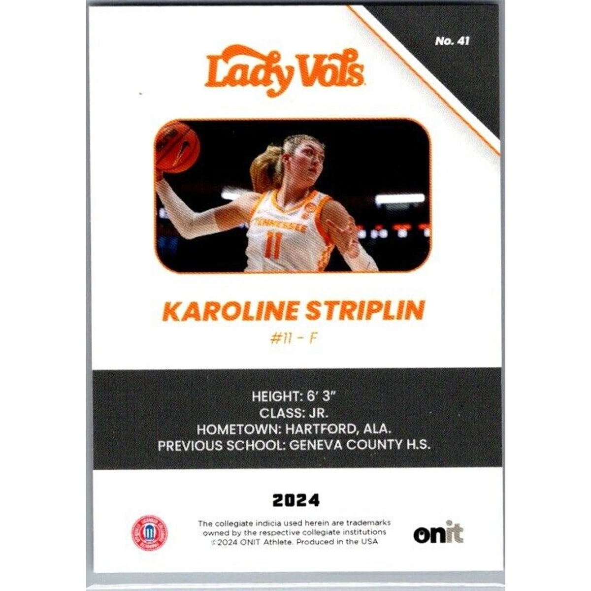 23-24 Onit #41 Karoline Striplin Tennessee Lady Vols Silver Holo Hoosiers SP