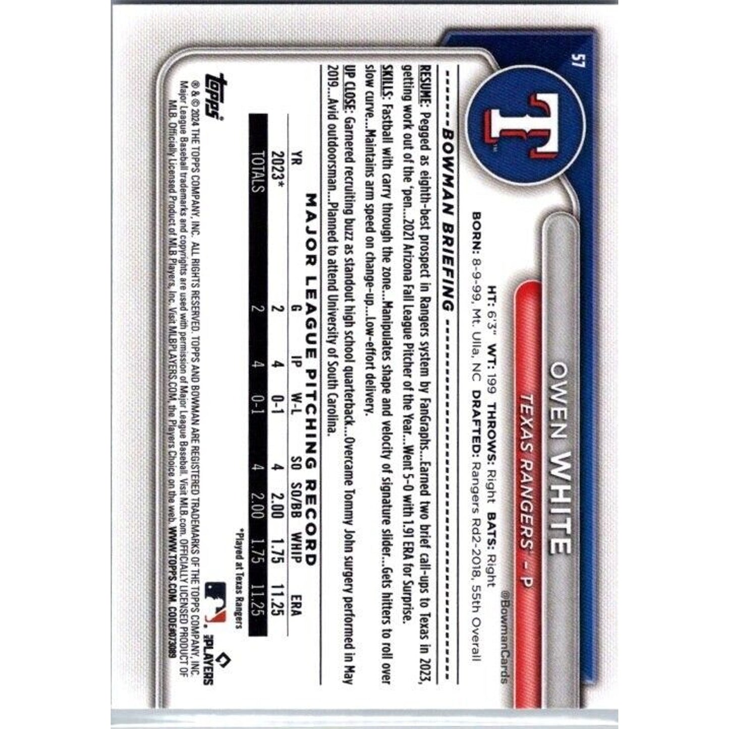 2024 Bowman #57 Owen White RC Texas Rangers Rookie