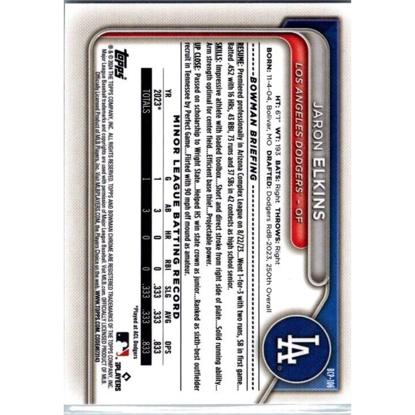2024 Bowman Chrome Prospects #BP-106 Jaron Elkins Los Angeles Dodgers