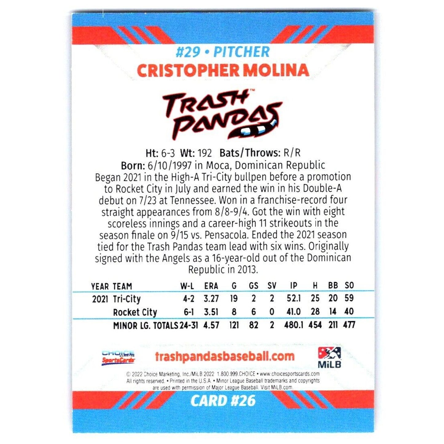 2022 Choice Rocket City Trash Pandas #26 Cristopher Molina