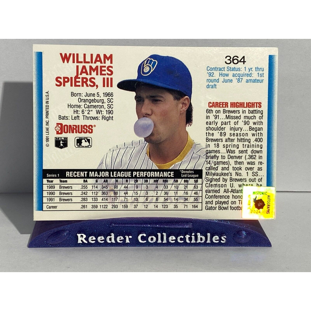 1992 Donruss #364 Bill Spiers Chicago Cubs In Person Autograph
