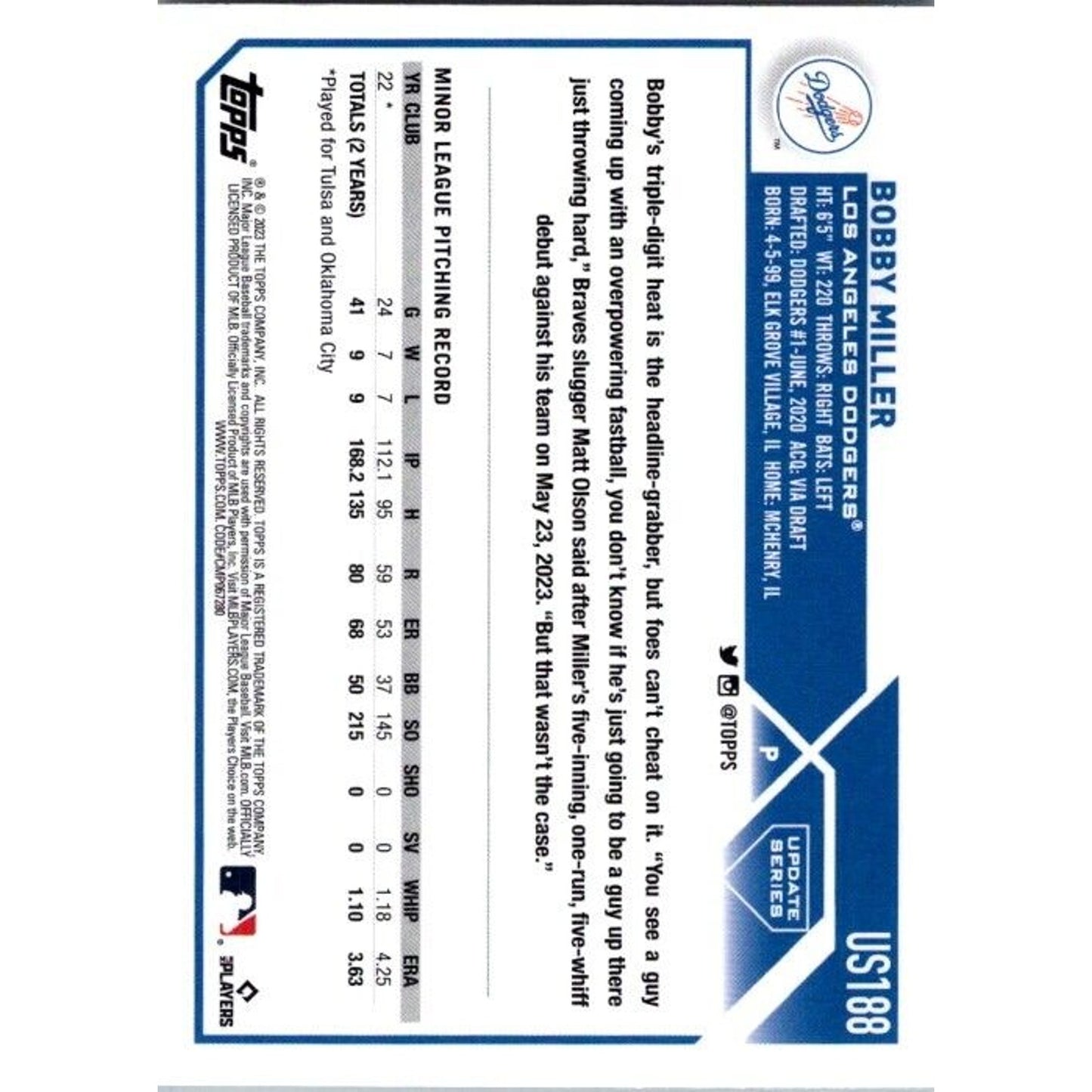 2023 Topps Update #US188 Bobby Miller Los Angeles Dodgers Rookie