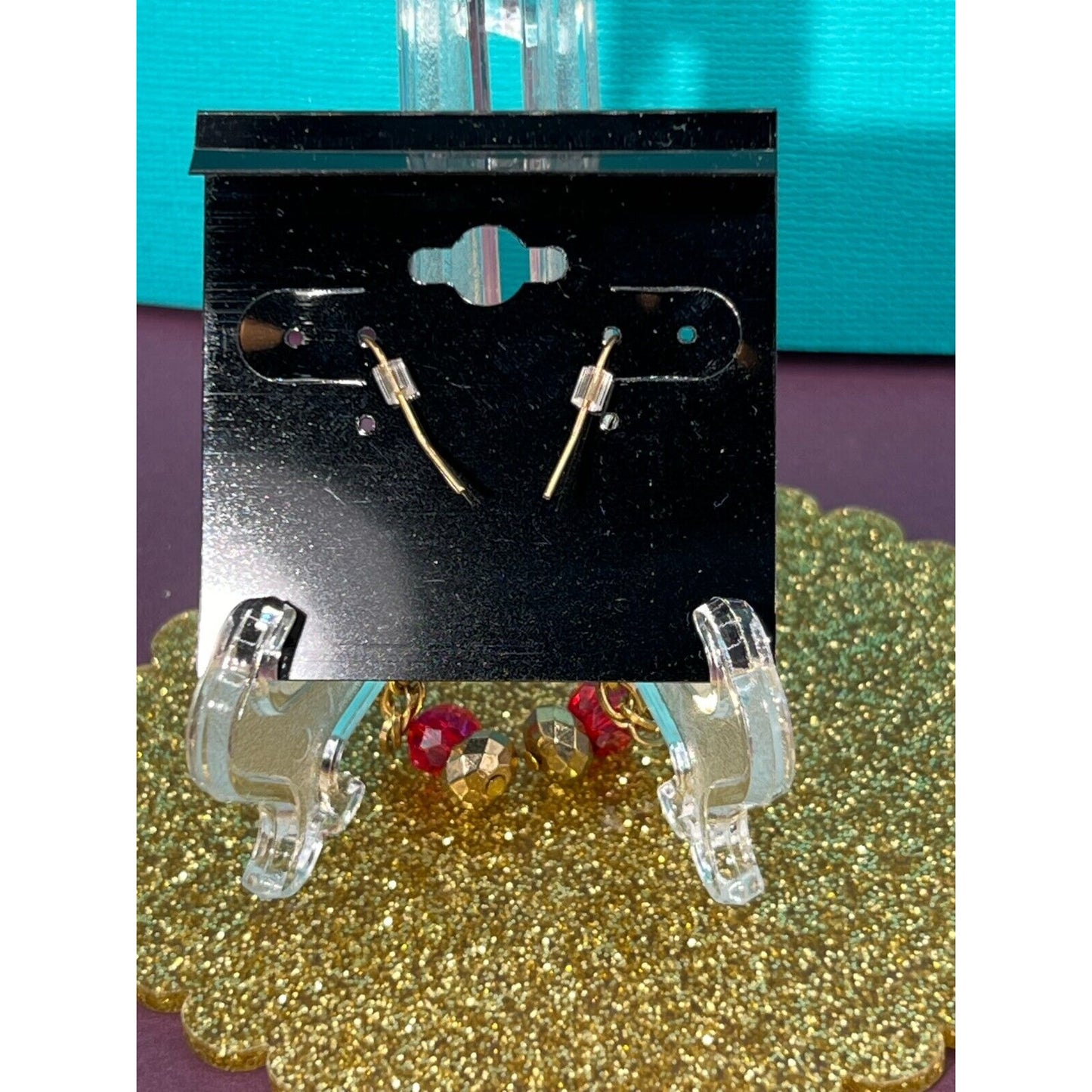 Red with Gold Bottom Dangle Earring Set Estate Sale Jewelry