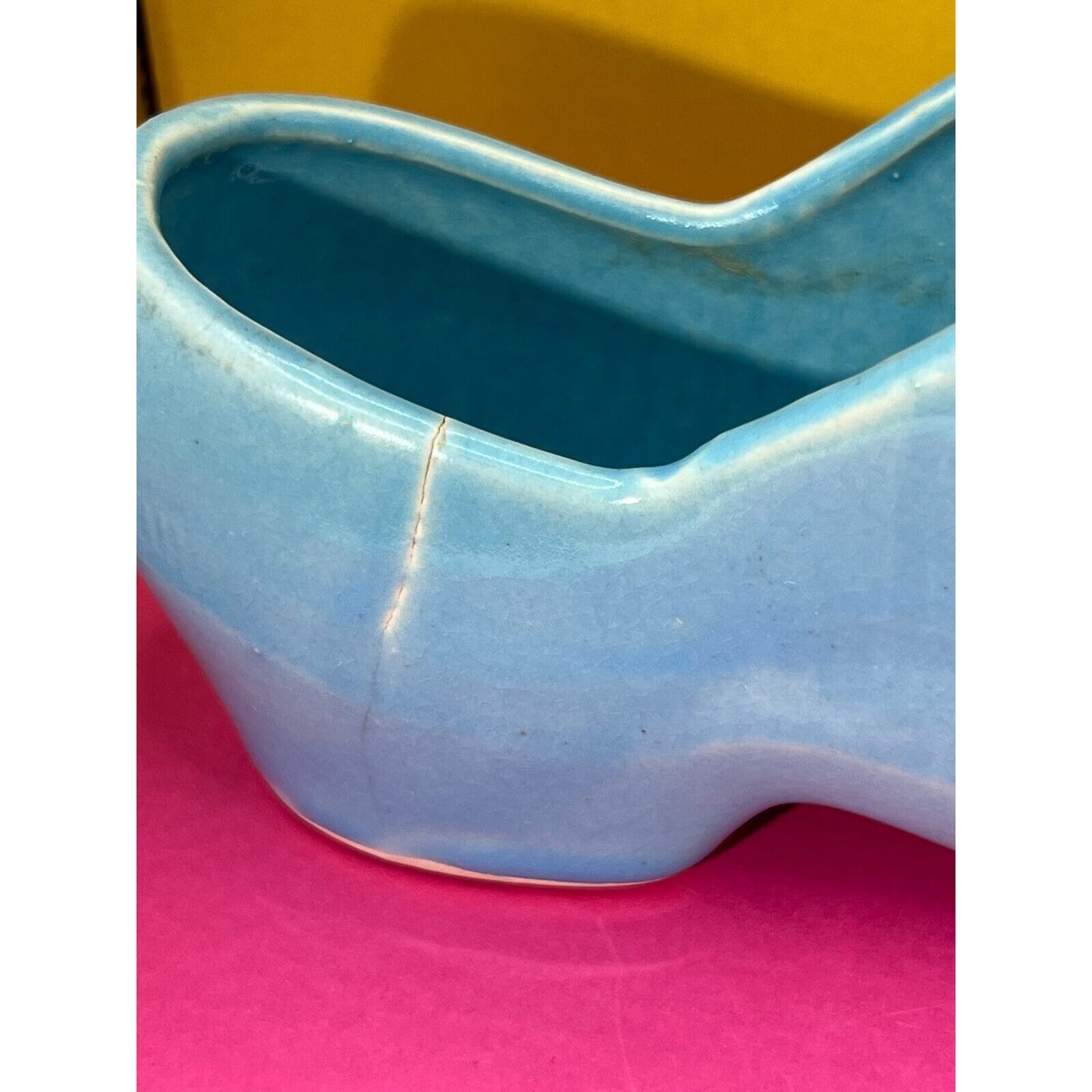 Vintage 1940's McCoy Ceramic Blue Dutch Clog Shoe with Pink Rose Planter Cracked