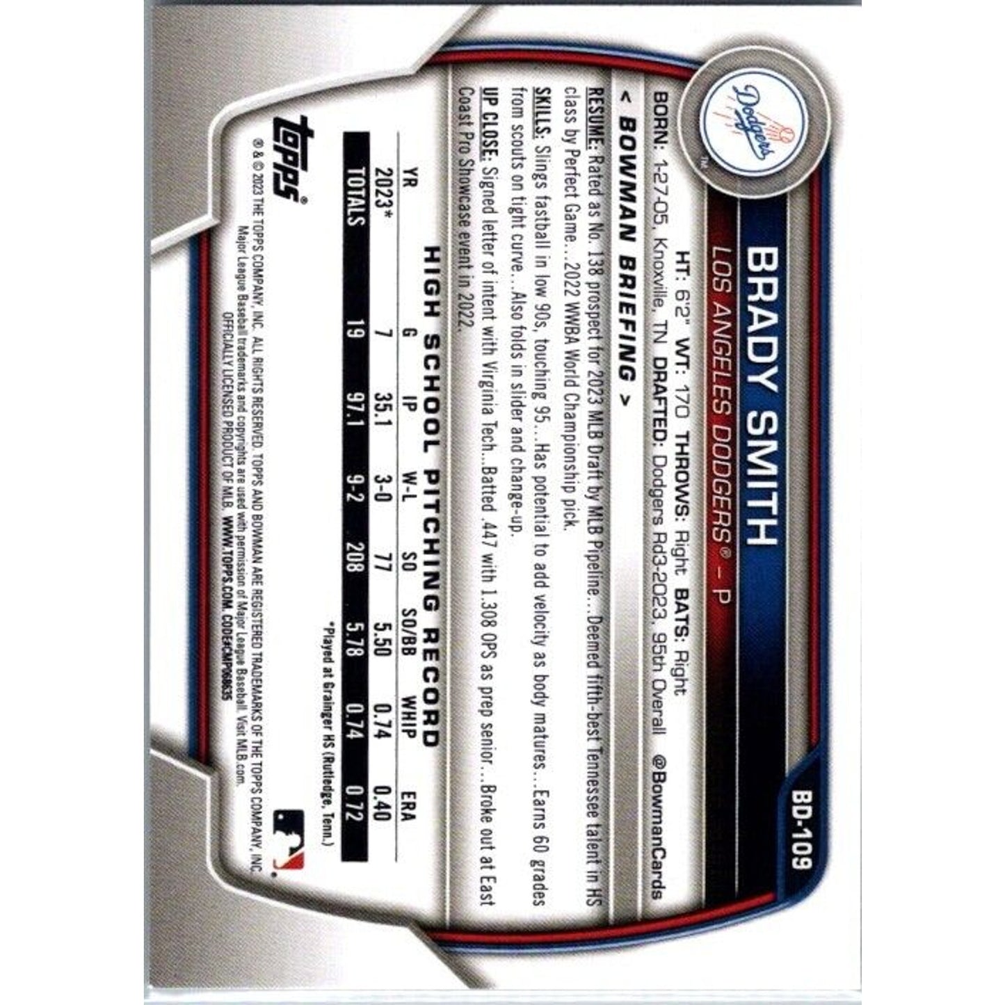 2023 Bowman Draft #BD-109 Brady Smith Los Angeles Dodgers