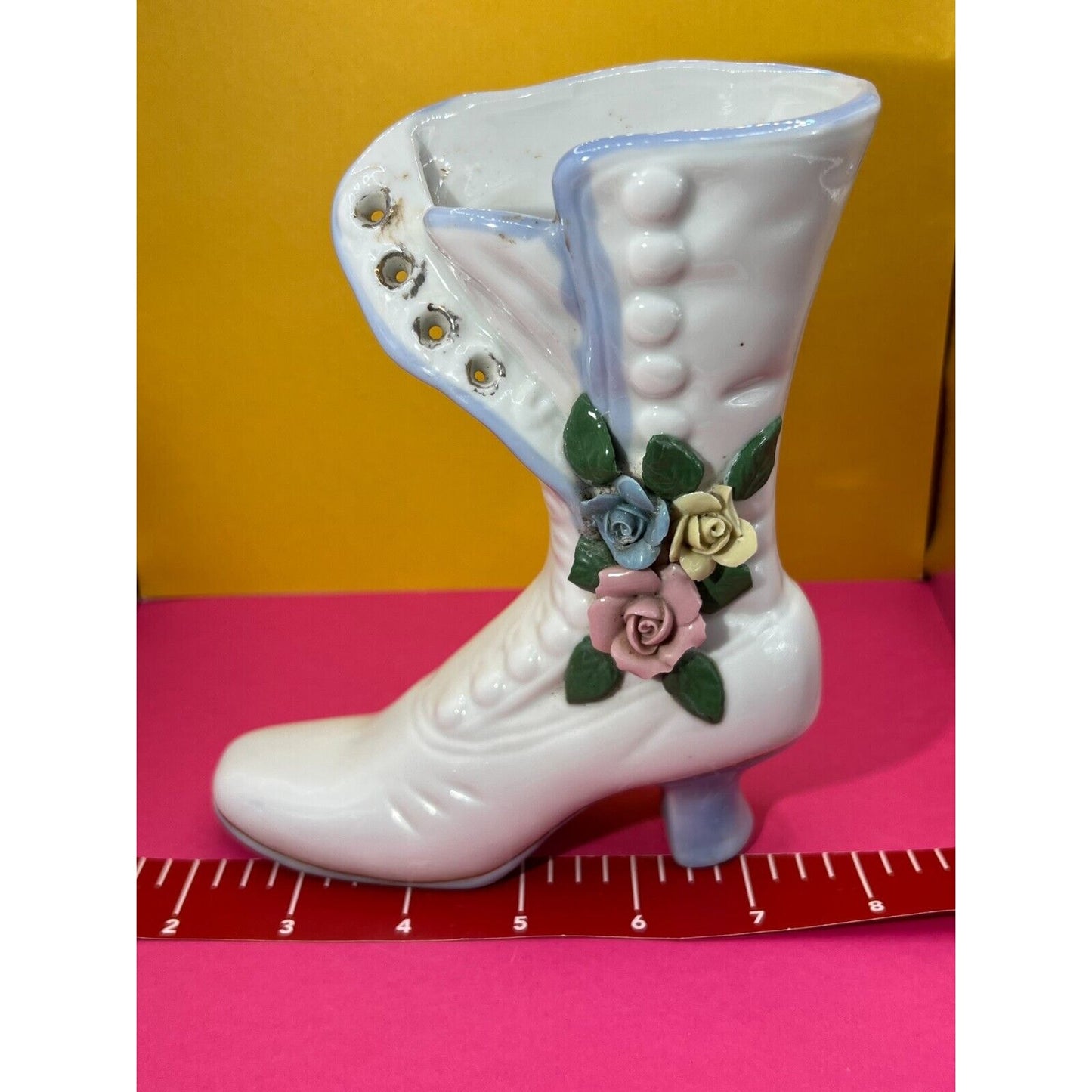 Ladies Victorian Ceramic Button Boot 3D Bud Vase Planter Blue Pink Yellow Flower