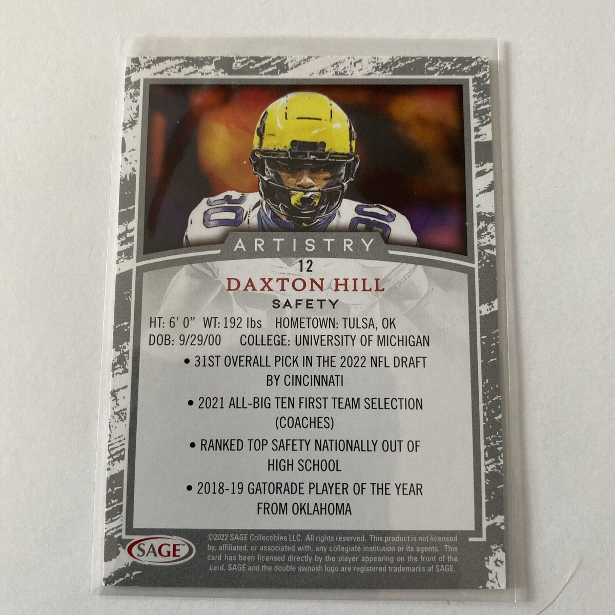 Daxton Hill 2022 Sage Artistry Silver Michigan Cincinnati Bengals 12