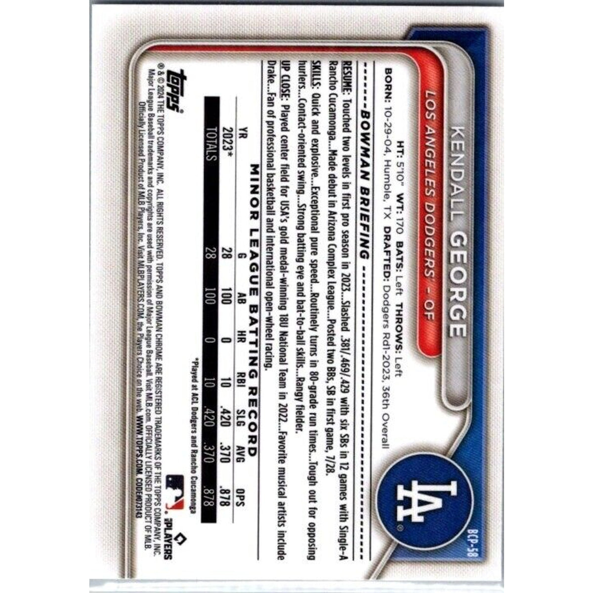 2024 Bowman Chrome Prospects #BCP-58 Kendall George Los Angeles Dodgers