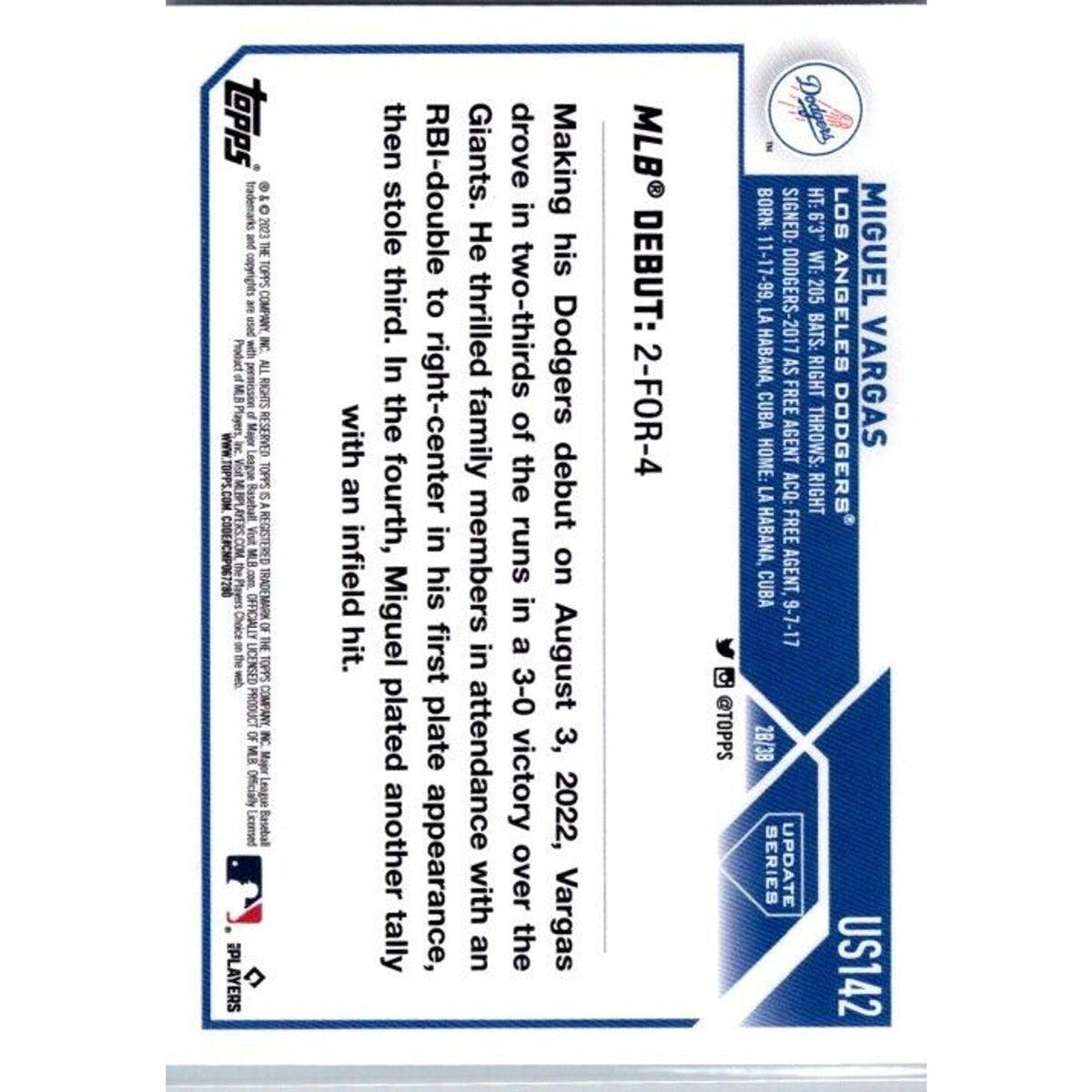 2023 Topps Update #US142 Miguel Vargas Los Angeles Dodgers Rookie