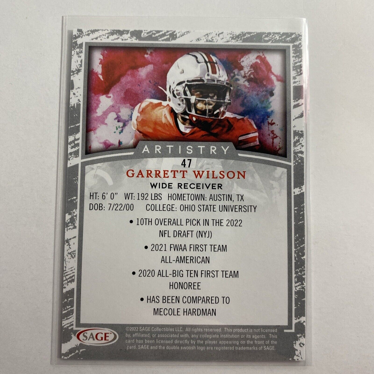 Garrett Wilson 2022 Sage Artistry 47 Silver Ohio State New York Jets