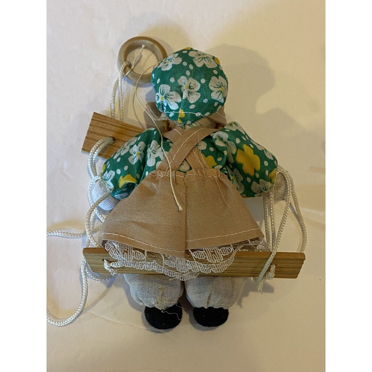 Pioneer Child Doll on Swing Porcelain Face Stuffed Body Child Vintage Doll