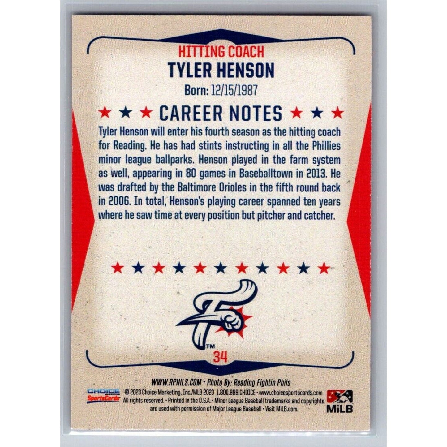 2023 Choice Reading Fightin Phils Update #34 Tyler Henson