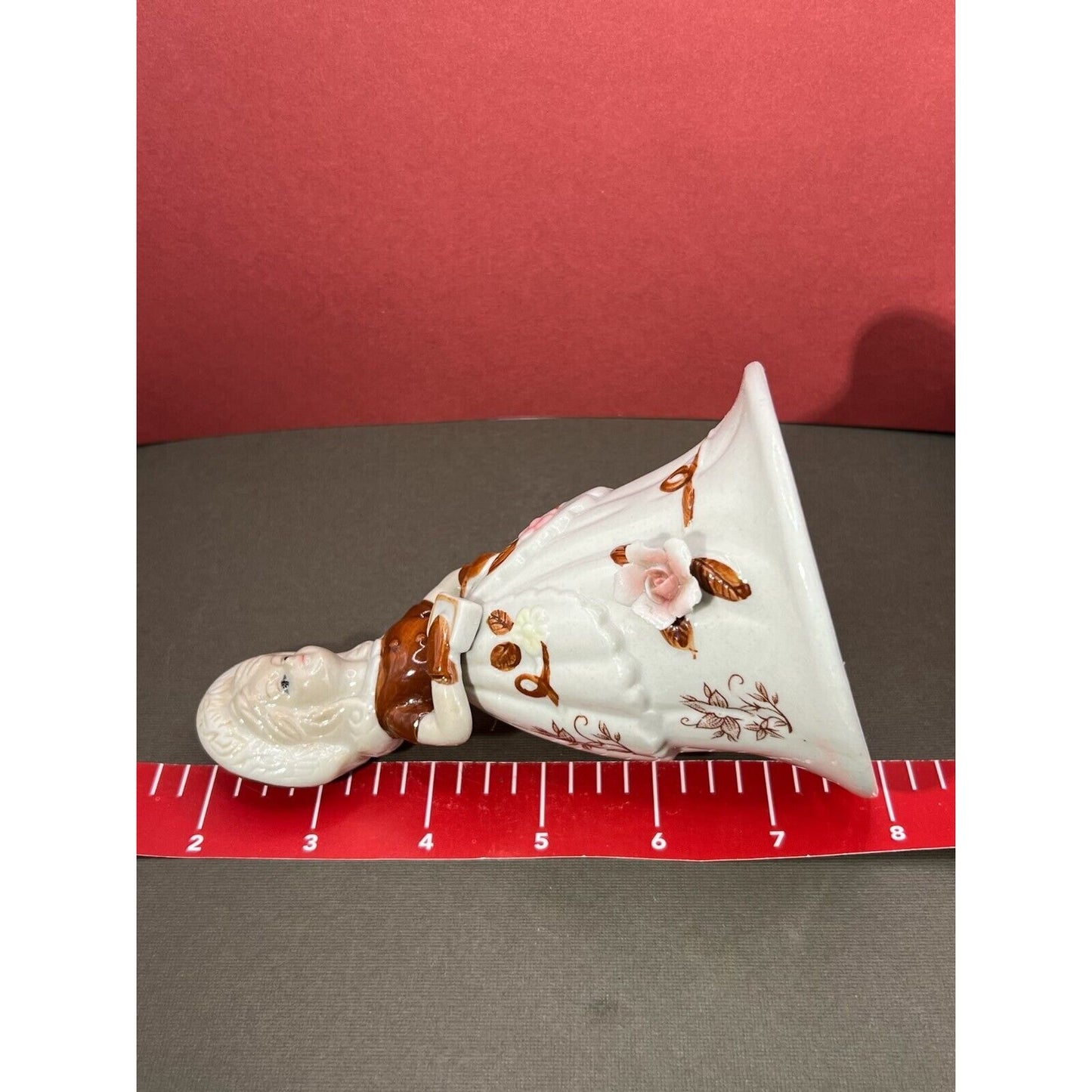 Woolbro Vtg Porcelain Girl Figurine Bell Brown 3D Flowers Taiwan Rare