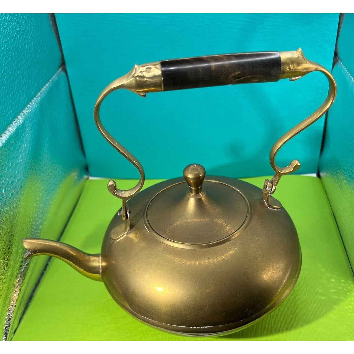 Brass Overlaid Tea Kettle Wood Turned ORNATE Handle 24 oz capacity