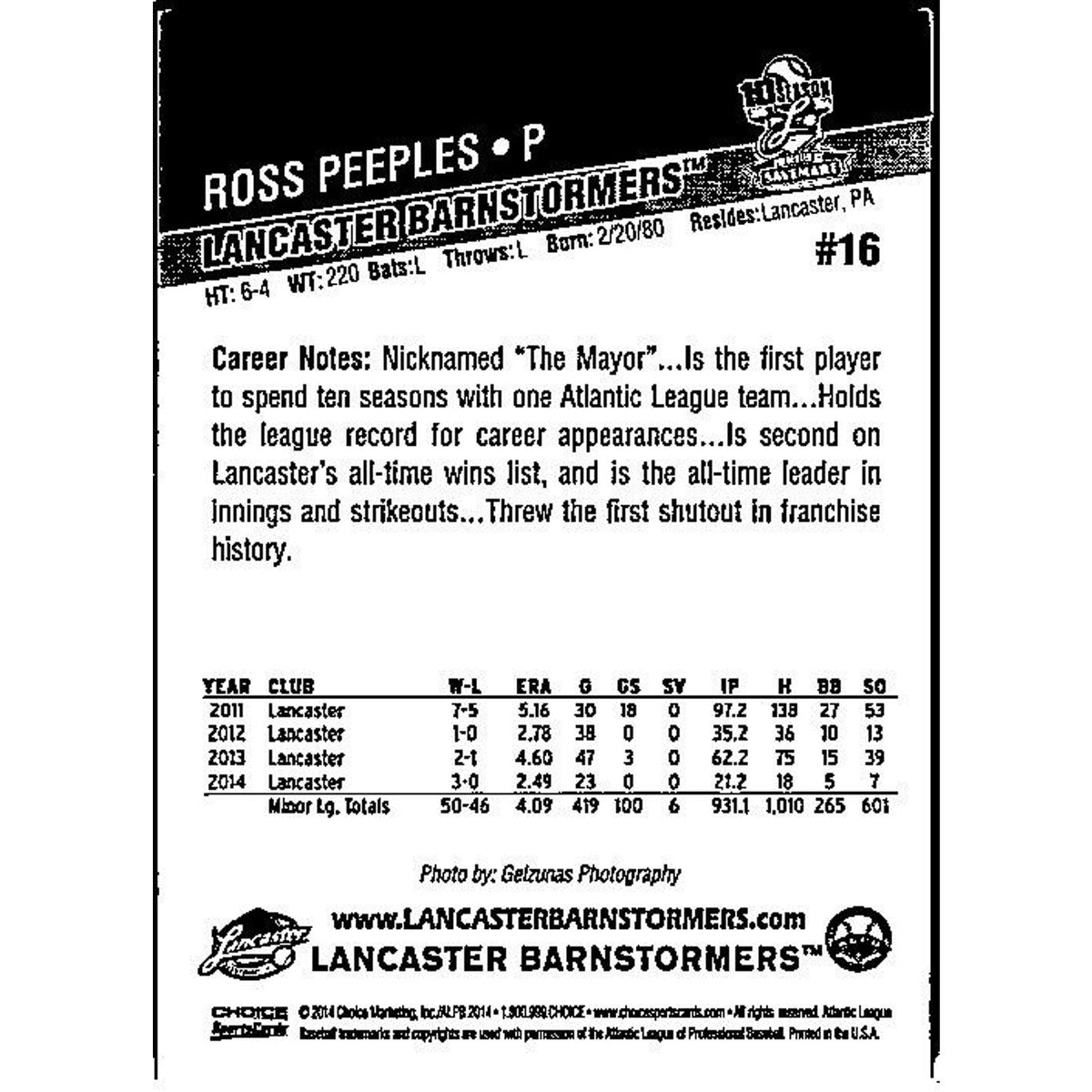 Ross Peeples 2014 Choice #16 Lancaster Barnstormers Baseball Club