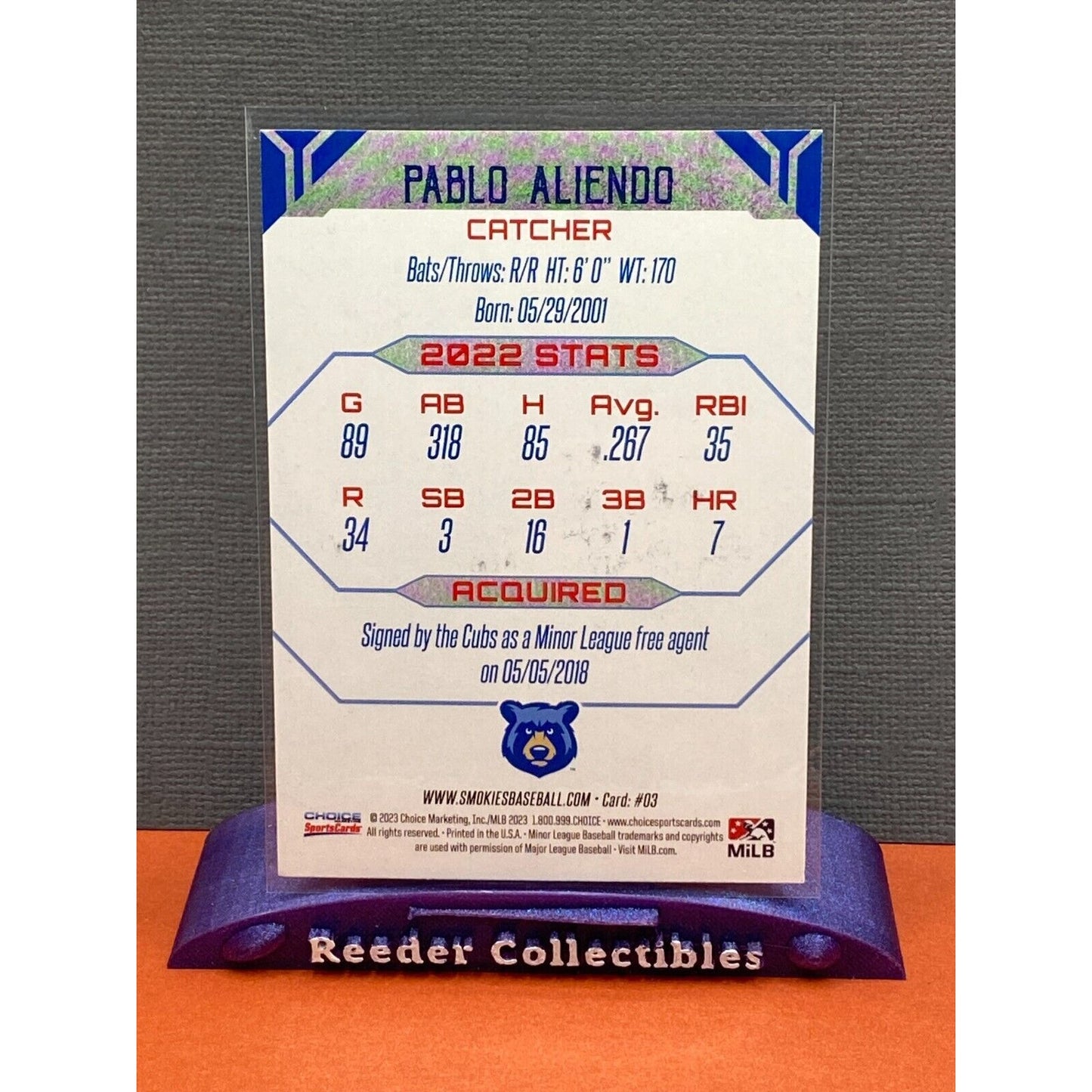 Pablo Aliendo 2023 Grandstand #03 Tennessee Smokies Auto IP Hard Signed