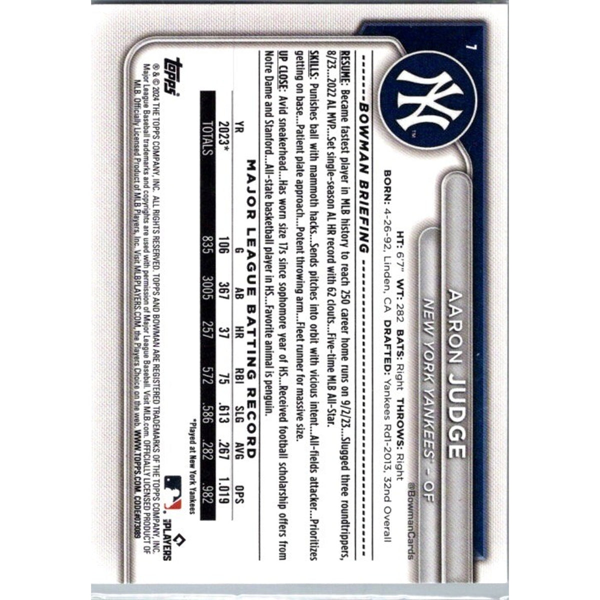 Aaron Judge 2024 Bowman #7 New York Yankees