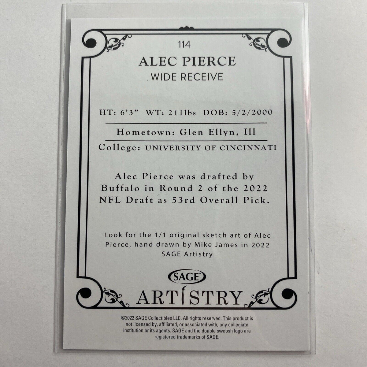 Alec Pierce 2022 Sage Artistry 114 Black Cincinnati Bearcats Buffalo Bills