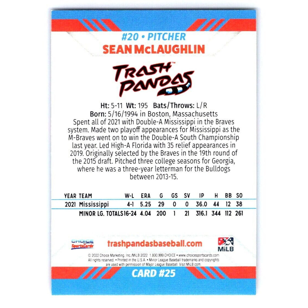 2022 Choice Rocket City Trash Pandas #25 Sean McLaughlin
