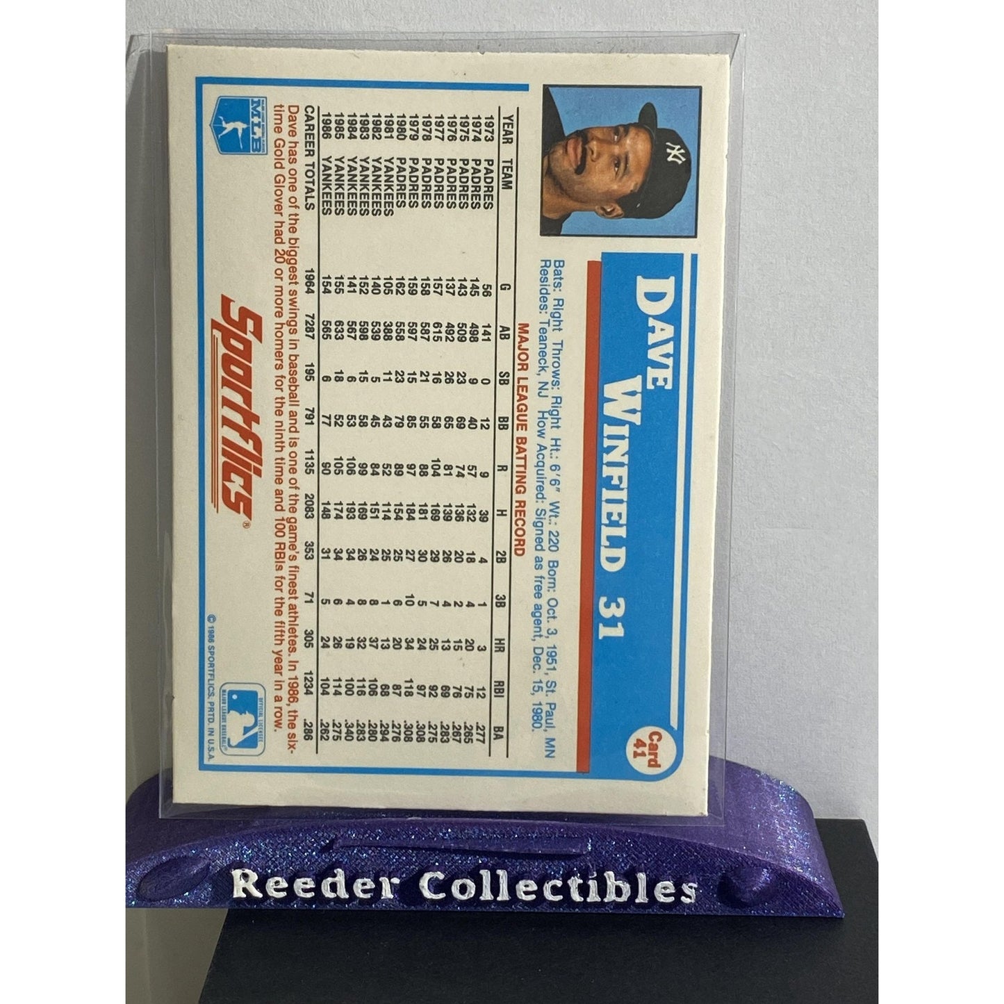 Dave Winfield 1987 Sportflics #41 New York Yankees