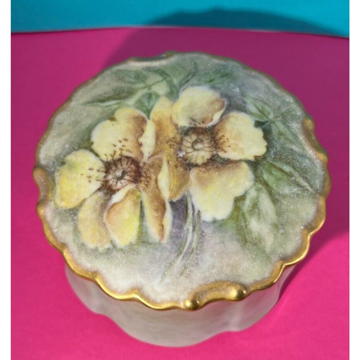 Porcelain Vanity Box Floral Hand painted Signed Dated 5in wide x 2.5in tall