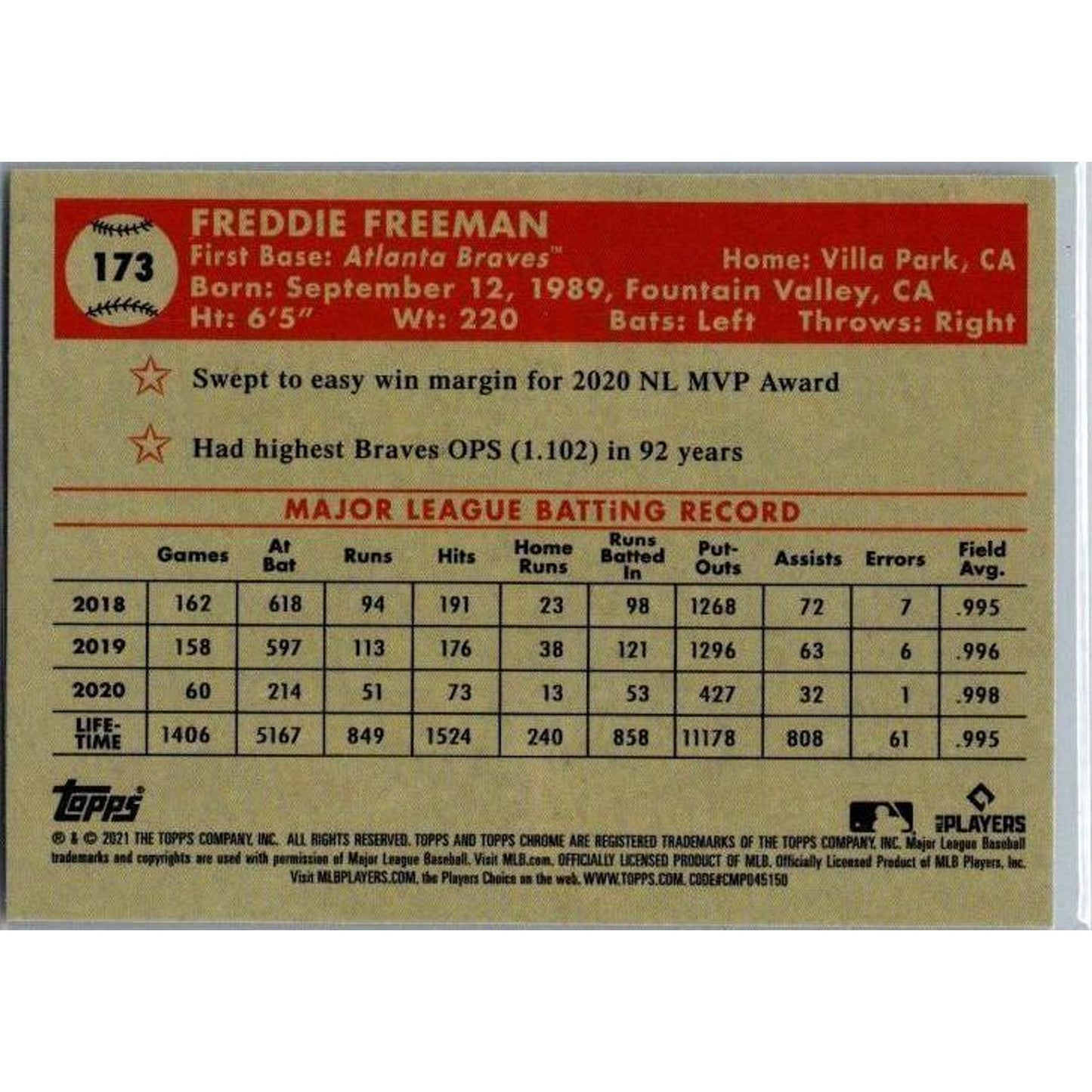 2021 Topps Chrome Platinum Anniversary #173 Freddie Freeman Atlanta Braves