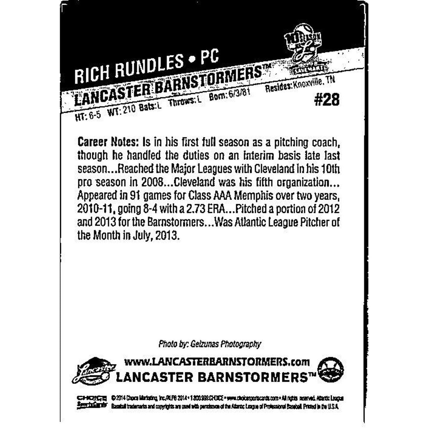 Rich Rundles 2014 Choice #28 Lancaster Barnstormers Baseball Club