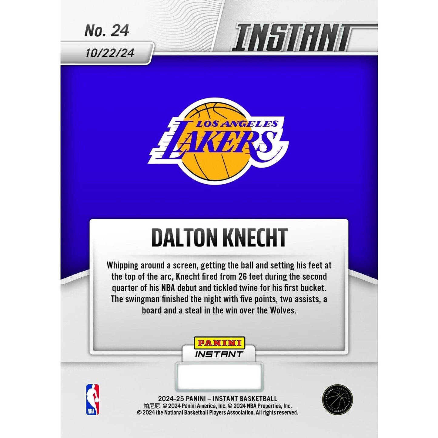 2024-25 Panini Instant NBA #24 Dalton Knecht Los Angeles Lakers Rookie Debut