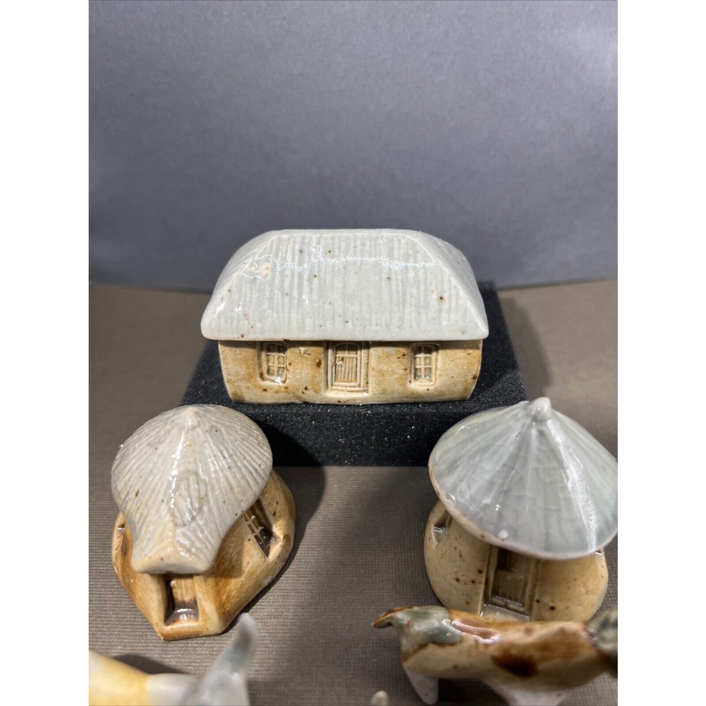 Primitive Glossy Solid (Stone?) Village with Houses and Cows Unmarked vtg