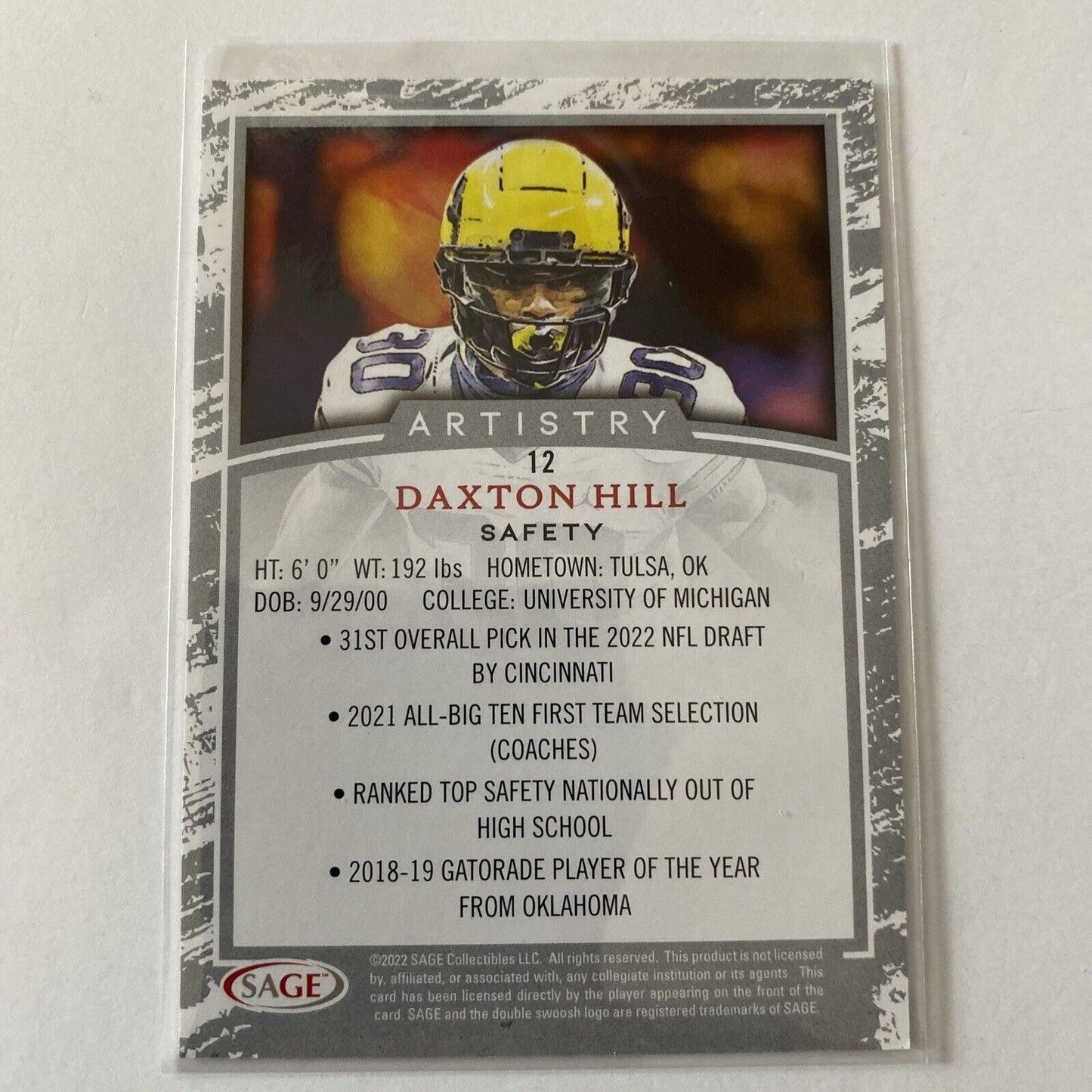 Daxton Hill 2022 Sage Artistry Black Michigan Cincinnati Bengals 12