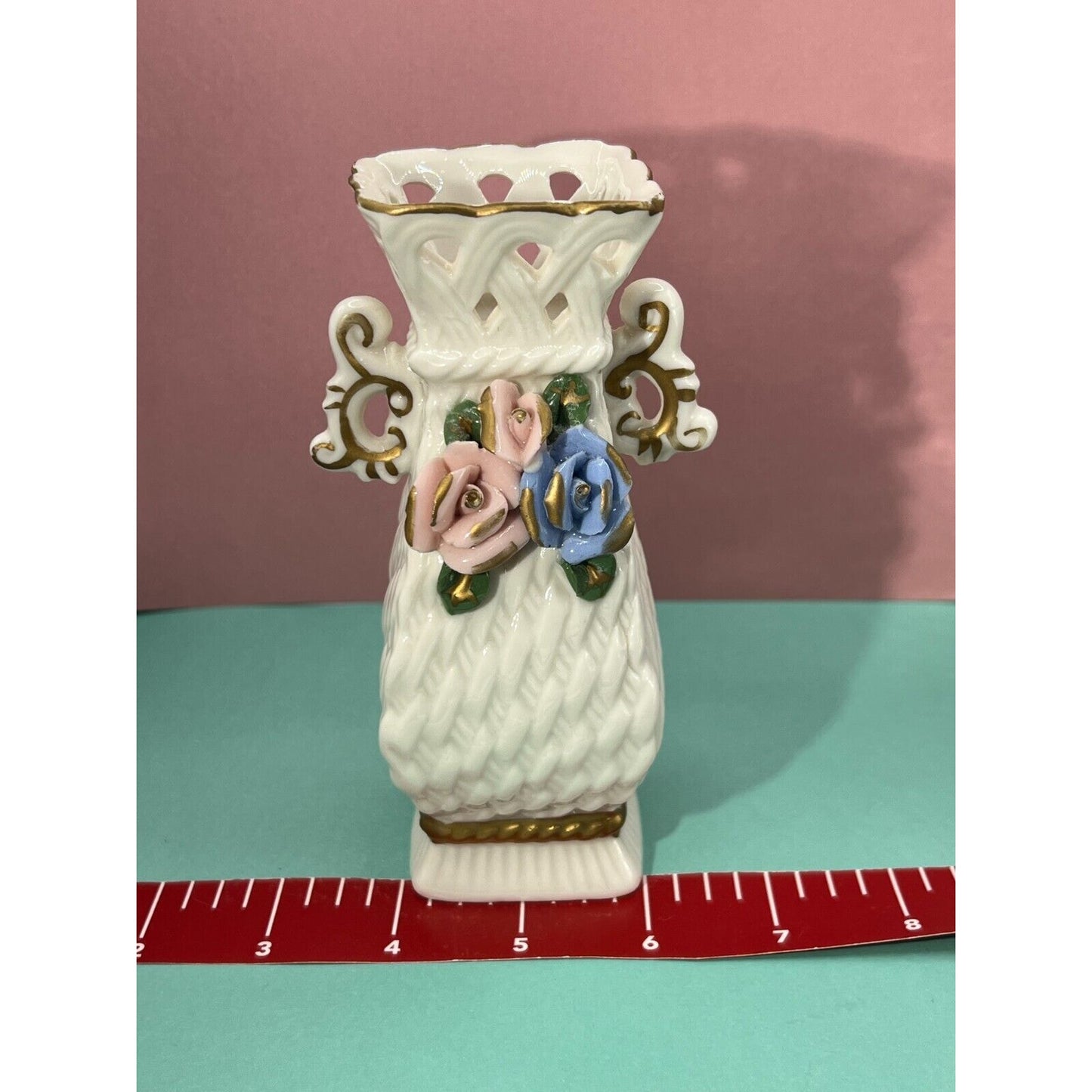 Set of 2 High Rose Floral Weave Pattern 2 Handle Vase Vintage
